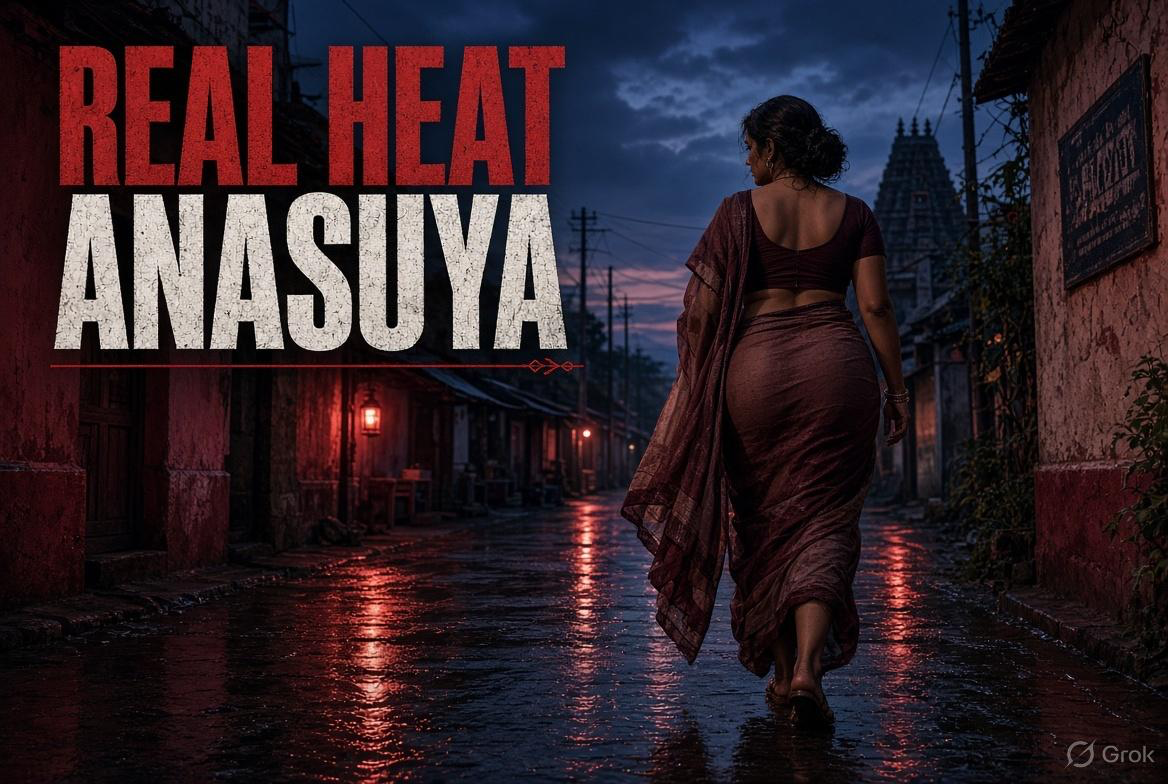 Anasuya walking through a rain-soaked village at night